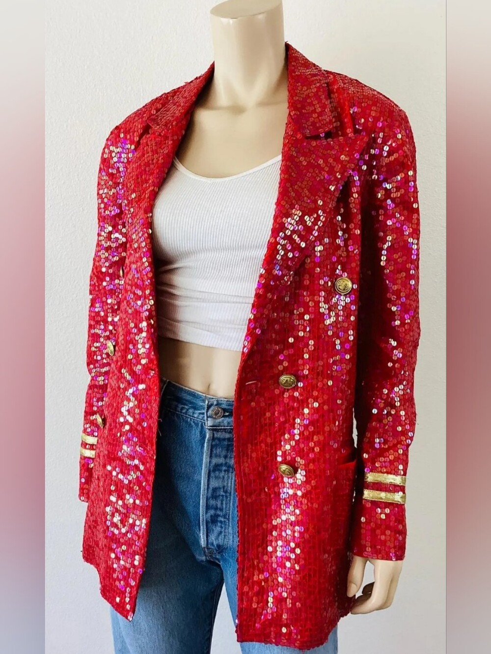 Red Sequin Double-Breasted Jacket with Gold Buttons 😮‍💨🔥🫰🏾(w/FLAW) - Picture 4 of 13